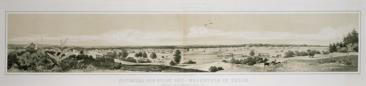 Panoráma a texasi New Braunfels városáról a délnyugati oldalról 1847 nyarán alkotó: Conrad Caspar (after) Rordorf