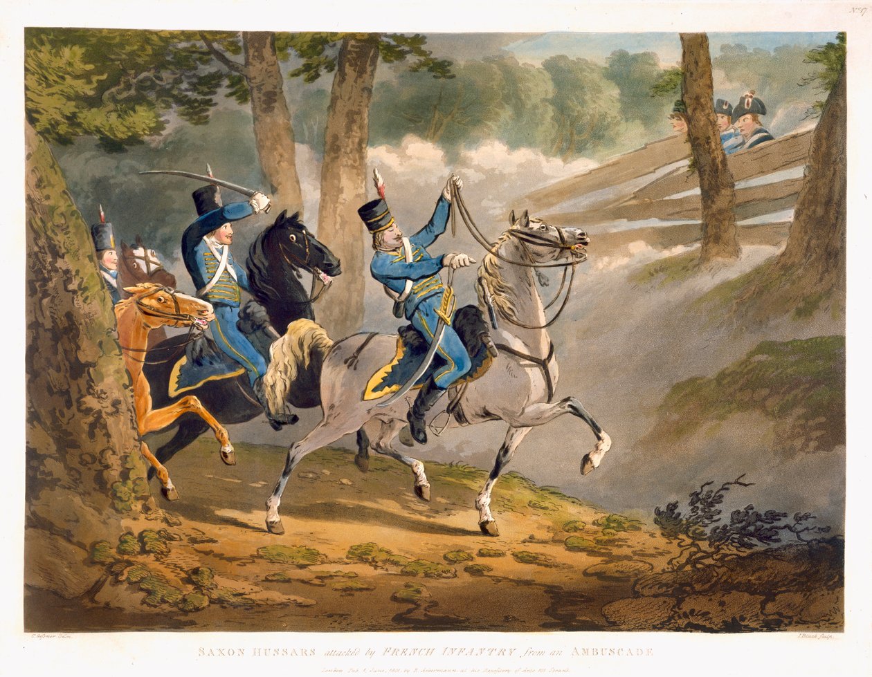 A szász huszárokat francia gyalogság támadta meg egy Ambuscade-ból, a "Military Evolutions" kocsmából. Ackermann, London, 1799-1802 alkotó: Conrad Gessner