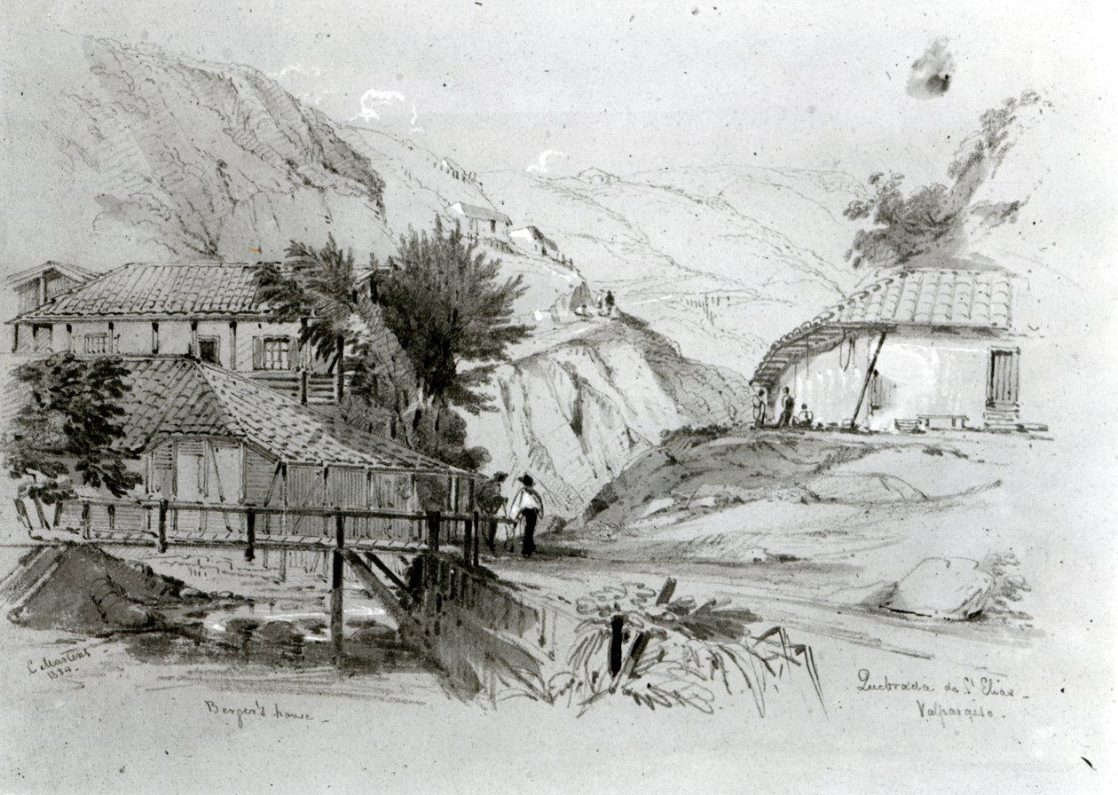 Berger háza, Valparaiso, 1834 (ceruza és WC papíron) (bw fotó) alkotó: Conrad Martens