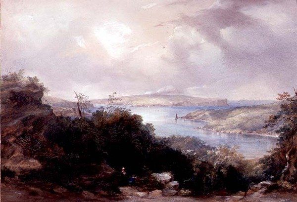 Sydney kikötője a North Head felé néz alkotó: Conrad Martens