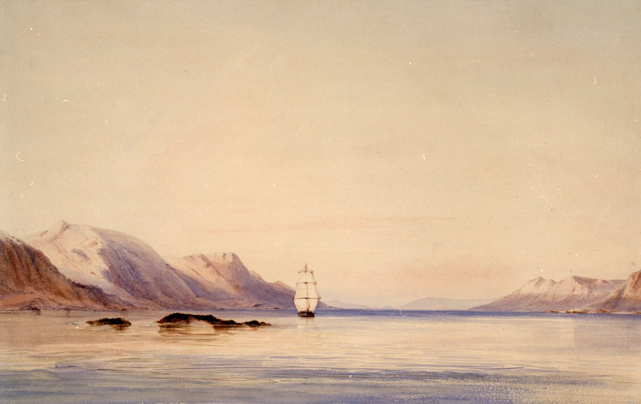 A HMS "Beagle" kutatóhajó a Beagle-csatornában, Tierra del Fuego (Tűzföldön) alkotó: Conrad Martens