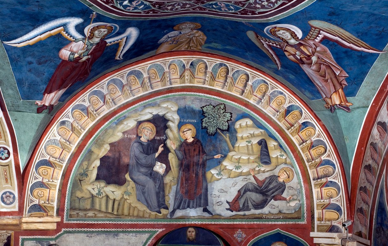 Saint Placide csodája Nursie-i Szent Benedek első tanítványa, Szent Maur beavatkozásának köszönhetően megmenti az ifjú Placide-ot, aki egy tó patakjába került. Consolo mester freskója (13. század) Alsótemplom. Szent Benedetto kolostor ( alkotó: Consolo 
