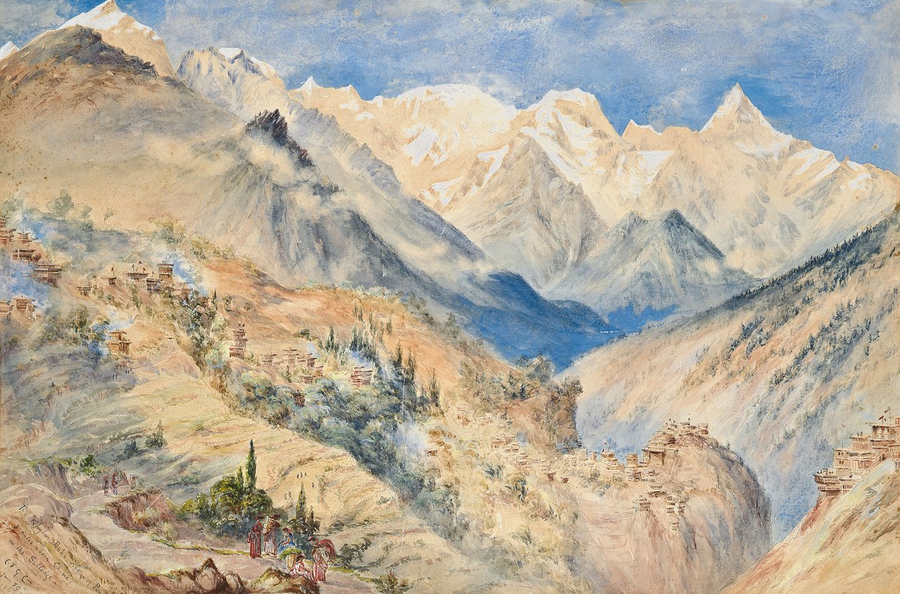 A Khylas-csúcsok és Pangi falu három mérföldre CHINE felett a Sutledge-en alkotó: Constance Frederica Gordon Cumming