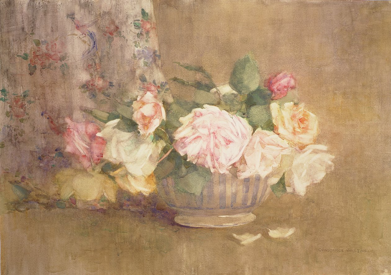 Egy tál rózsaszín, sárga és fehér rózsa (akvarell papíron) alkotó: Constance Walton