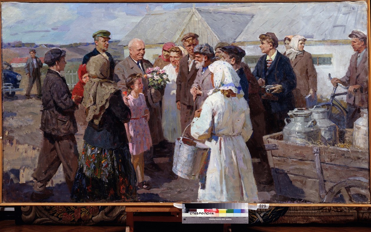A miniszterelnök, N. Hruscsov látogatása a Sztavropoli körzetben, az 1950-es évek vége (olaj, vászon) alkotó: Constance Walton