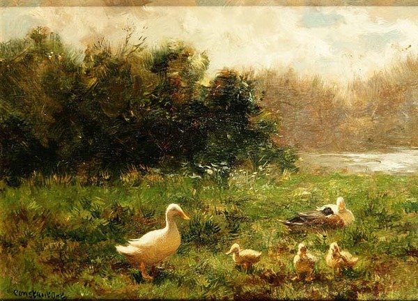 Kacsa és kiskacsák a folyóparton (olaj, vászon) alkotó: Constant Artz