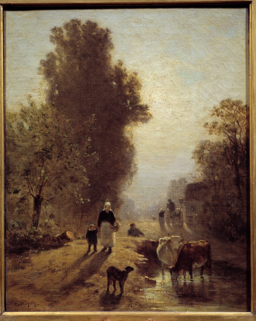 Reggel parasztcsaládok és betail a hajnal ködében. Constant Troyon (1810-1865) festménye 19. századi V. 0,41x0,32 m alkotó: Constant Emile Troyon