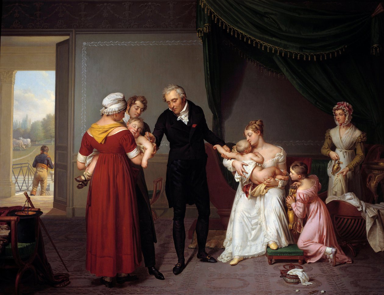 Alibert egy gyereket olt be a Liancourt kastélyban. Ez a kép a himlő elleni védőoltást ábrázolja Edward Jenner elve szerint. Constant Desbordes festménye (1761-1827) alkotó: Constant Joseph Desbordes
