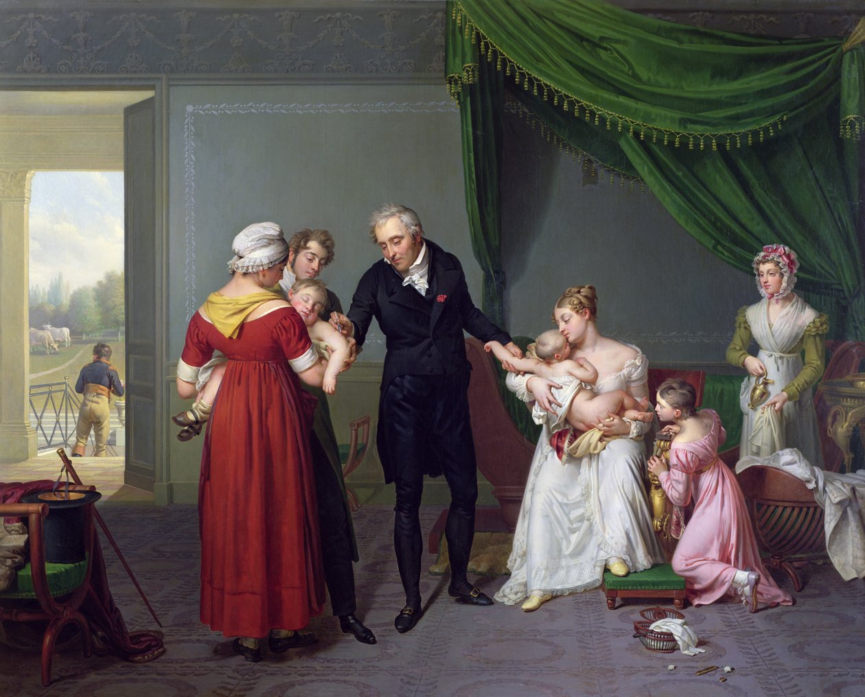 Jean Louis Alibert báró (1768-1837) a himlő elleni oltást végezte a Liancourt-i kastélyban, kb. 1820 alkotó: Constant Joseph Desbordes