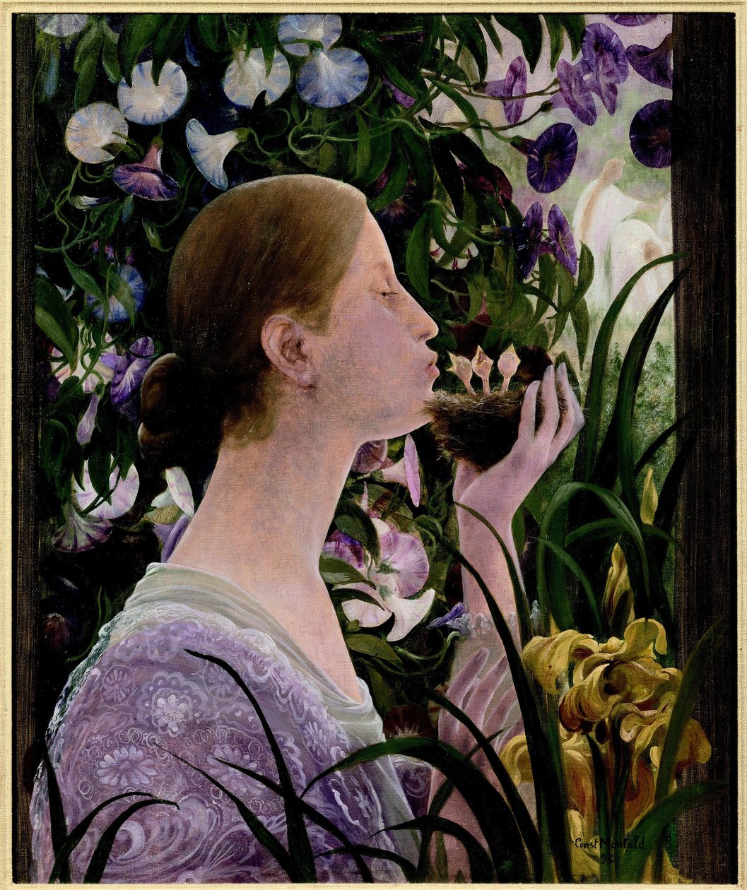A fészek. Fiatal nő profilban, egy virágos kertben, fészket tart a kezében, és puszit ad a madárbébinek. Constant Montaid (1862-1944) festménye, olaj, vászon alkotó: Constant Montald