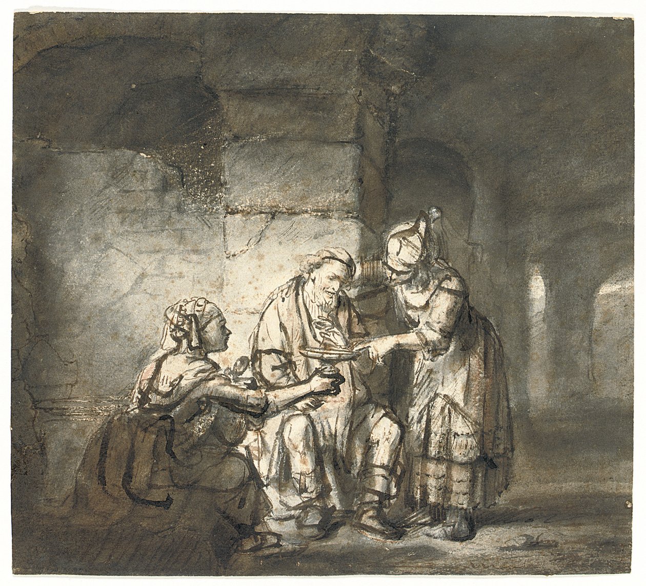 Lót és lányai (1Mózes 19:33) (fekete-piros kréta, toll és barna tinta) alkotó: Constantin Daniel van Renesse