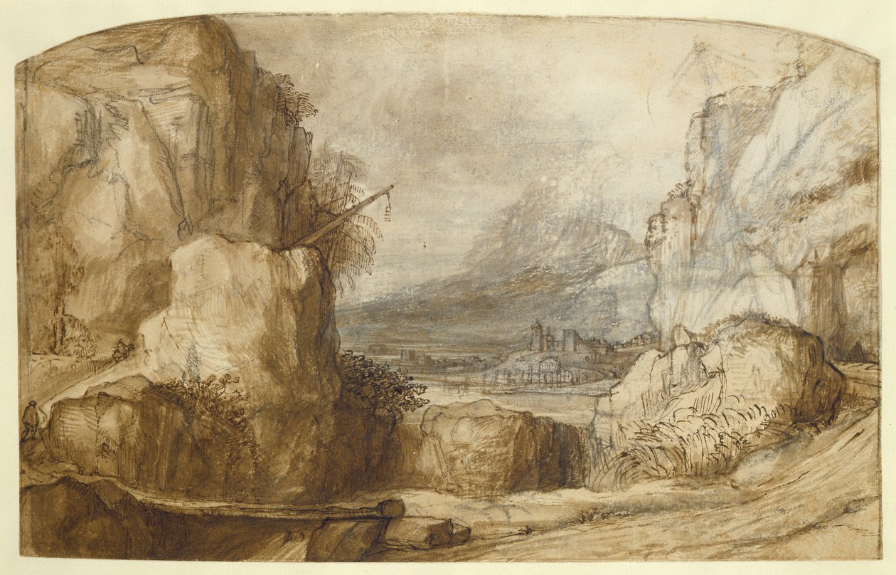 Hegyvidéki táj (toll, barna tinta, ecset és kréta papíron) alkotó: Constantin Daniel van Renesse