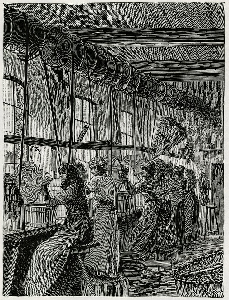 Női műhely Val Saint Lambert üvegárujában. C.Meunier metszete a „La Belgique” című történet illusztrálására, Camille Lemonnier (1844-1913), író és művészeti kritikustól. alkotó: Constantin Emile Meunier