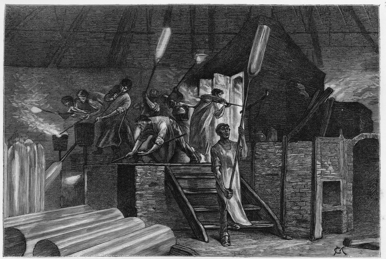 Egy üvegedény belsejében, Lodelinsartban (vagy Lodlinsatban, Charleroi városában). Constant Meunier metszete a „Belgium” történet illusztrálására, Camille Lemonnier (1844-1913) belga író. Megjelent: Le Tour du monde, nouveau Journal des voyages, 2 alkotó: Constantin Emile Meunier