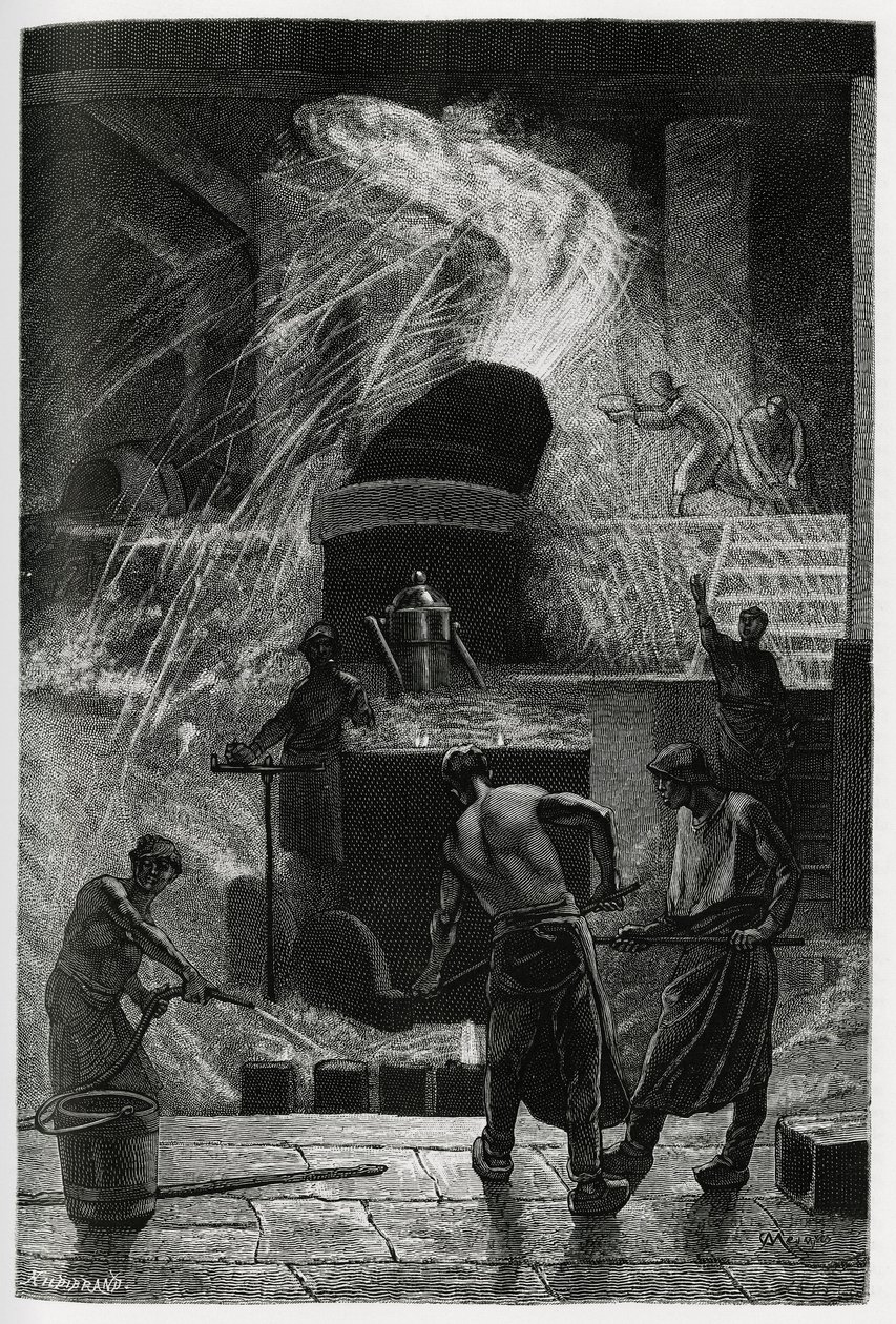 Acélöntés a seraingi cockerill üzemekben. C.Meunier metszete a „La Belgique” című történet illusztrálására, Camille Lemonnier (1844-1913), író és művészeti kritikustól. alkotó: Constantin Emile Meunier