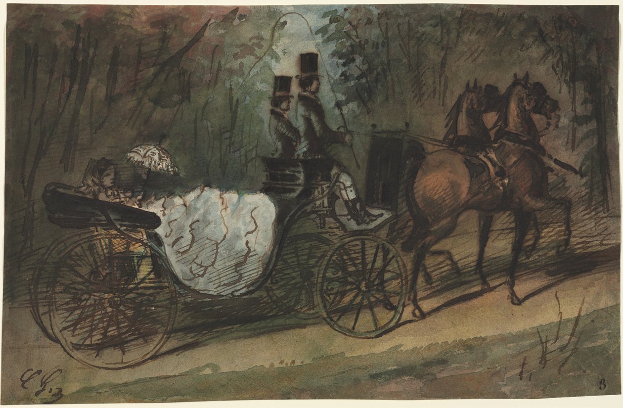 Kocsi a Bois de Boulogne-ban, 1800-as évek. alkotó: Constantin Guys