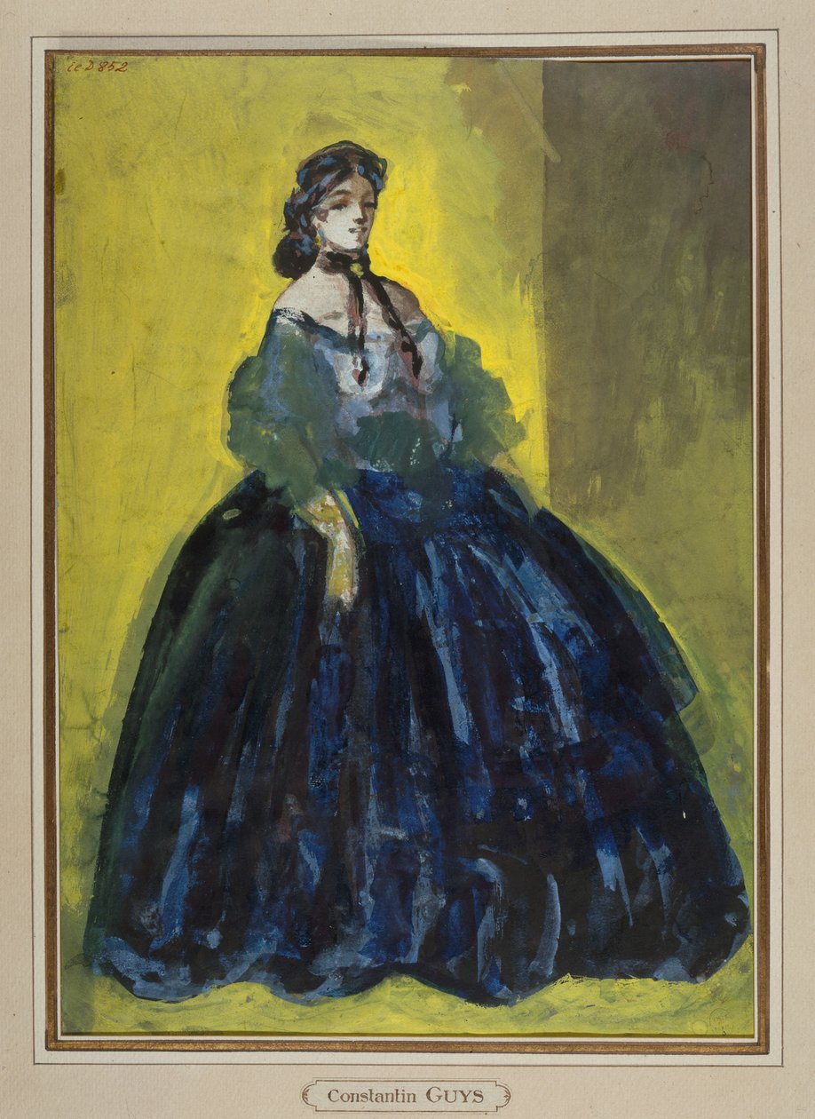 Studie einer Frau im blauen Kleid vor gelbem und grünem Hintergrund, um 1865 alkotó: Constantin Guys