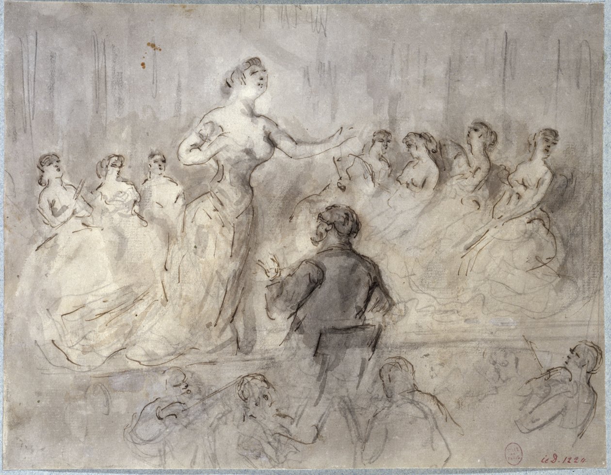 Kávéházi koncert jelenete, zenekar és énekesnők, 1875-1880 körül alkotó: Constantin Guys