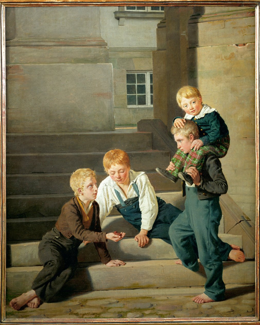 Kockázó fiúk a koppenhágai Christiansborg palota előtt (festmény, vászon) alkotó: Constantin Hansen