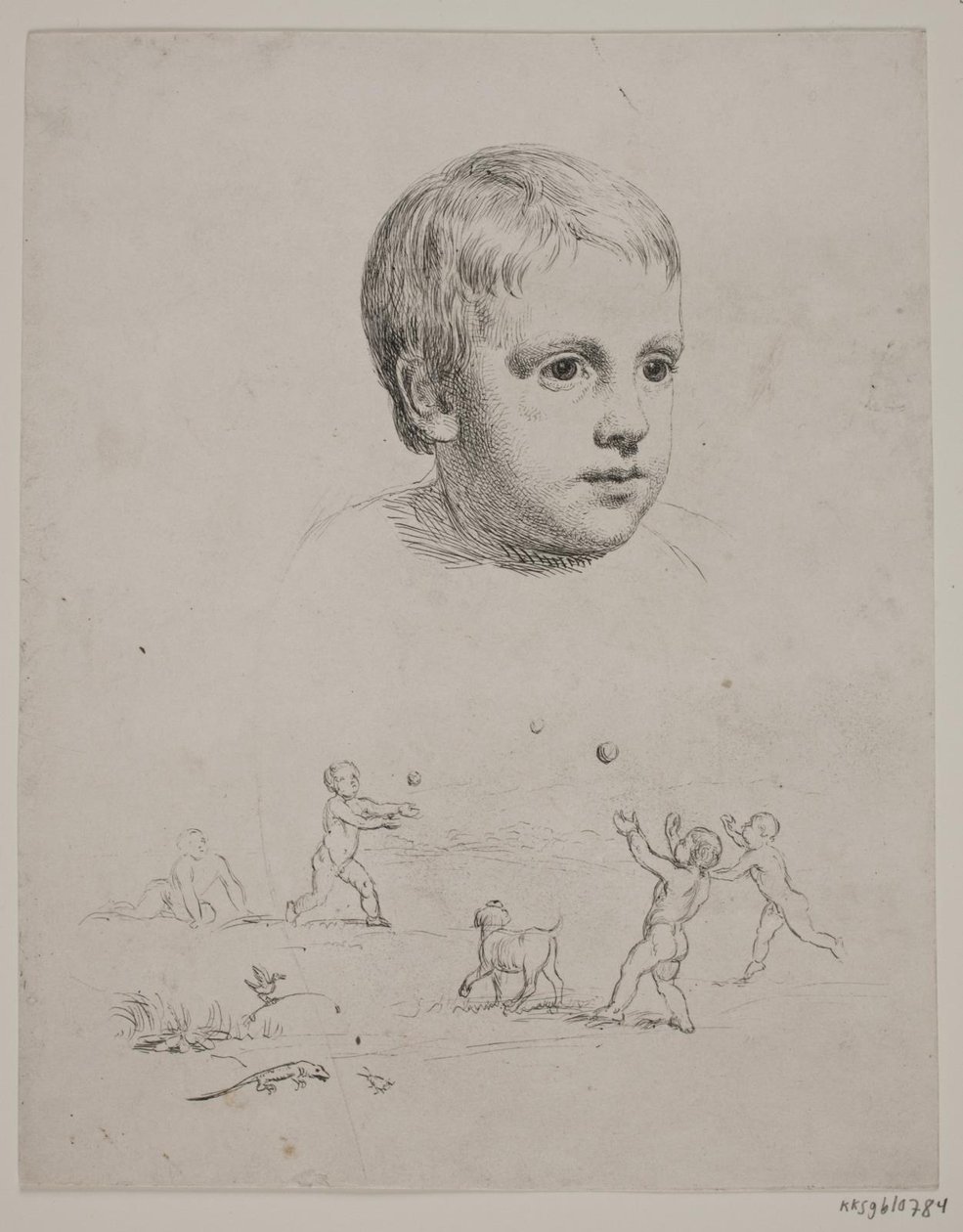 T. N. Thiele gyermekkori felső portréja, alatta négy labdázó fiú alkotó: Constantin Hansen