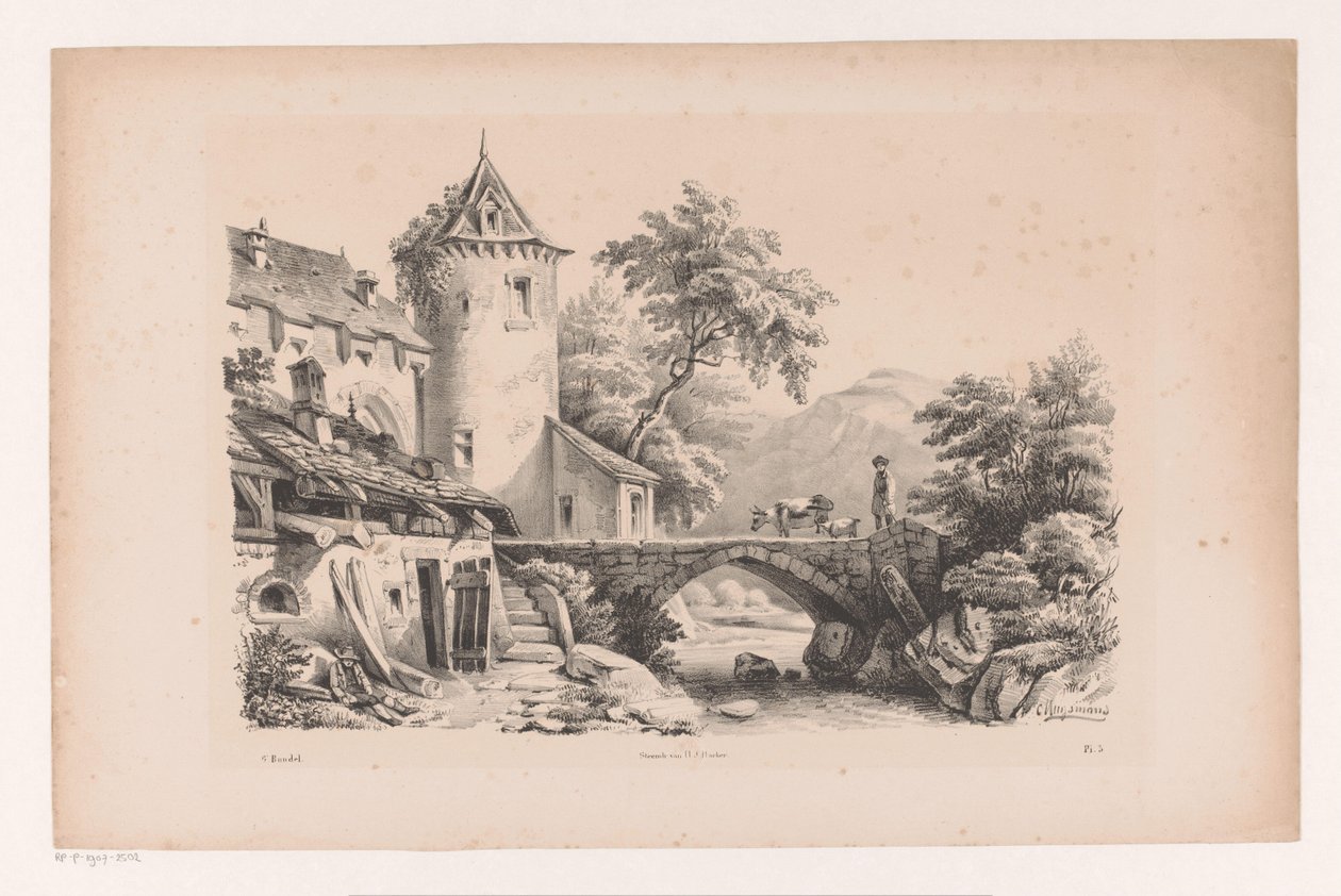 Házak és híd hegyi tájon A táj (sorozat címe) alkotó: Constantinus Cornelis Huysmans