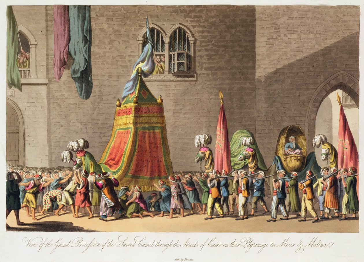 A Sacra Camel nagy menetének látványa Kairó utcáin keresztül a Mekkába és Medinába tartó zarándoklatukon, pub. 1822 alkotó: Cooper Willyams