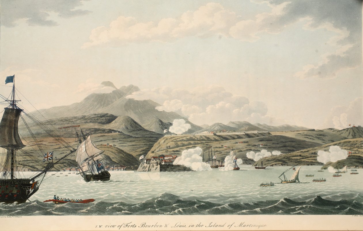 S.W. Forts Bourbon és Louis kilátása Martinique szigetén, illusztráció az „An Account of the Campaign in the West Indies” című könyvéből, Cooper Williams tiszteletes, S. Allen litográfiája, pub. London 1796 (kb alkotó: Cooper Willyams