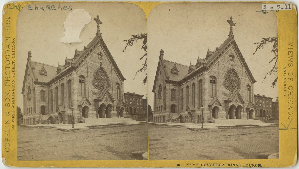 Az első gyülekezeti templom sztereográfiája, Chicago, 1870 körül (bw fotó a kártyatartón) alkotó: Copelin and Hine Copelin and Hine