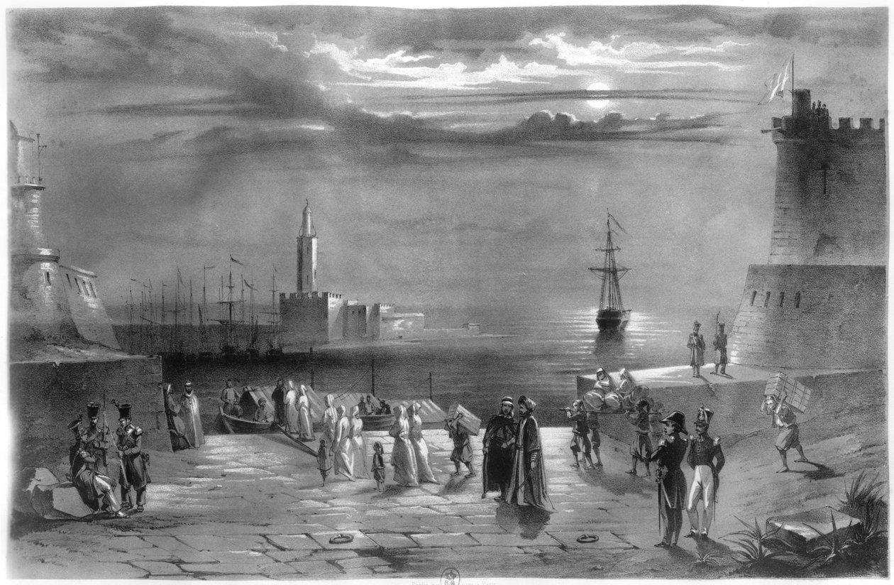 A Dey Hussein Ibn El Hussein (1765-1838) elhagyja Algírt, miután a várost elfoglalták 1830. július 4-én alkotó: Coppin