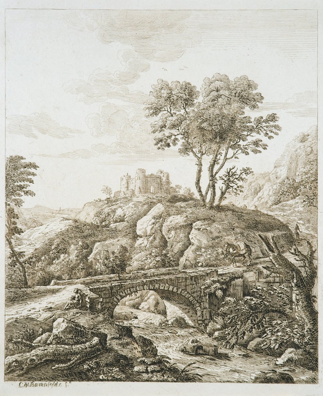 Tájkép kastéllyal (metszet papírra) alkotó: Copplestone Warre Bamfylde