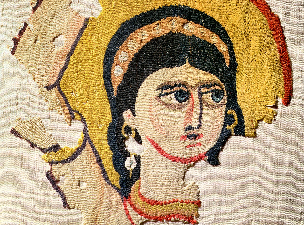 Táncosnő fejét ábrázoló faliszőnyeg töredéke gyapjú és vászon 107971 részlete alkotó: Coptic