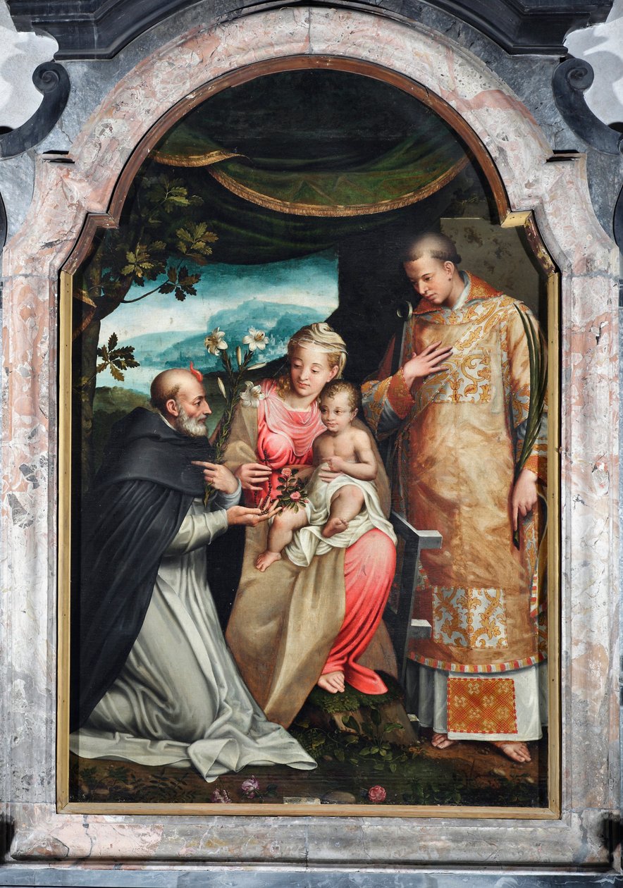 Szűz és gyermek Saint Vincent Ferrier (1350-1419) és Zaragozai Szent Vince (4. század) között (Szűz gyermekével Zaragozai Vincenttel és Vincent Ferrerrel) Coriolano Malagavazzo festménye (16. század) 1595 Elatellani kápolna, Bazilika alkotó: Coriolano Malagavazzo