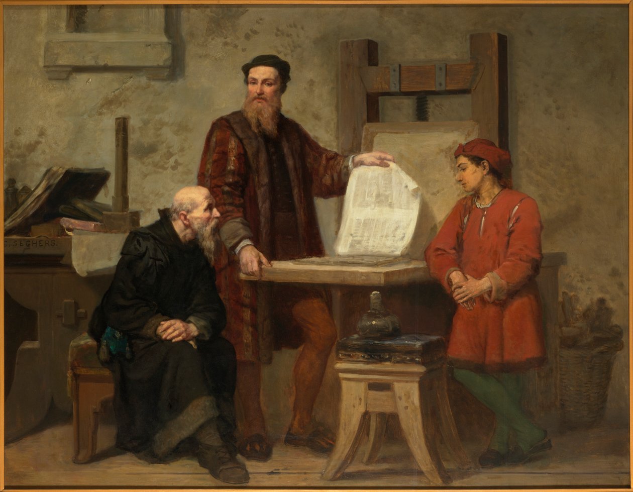 A nyomdászat feltalálása vagy Gutenberg működése, a XIX. század közepe... alkotó: Corneille Seghers