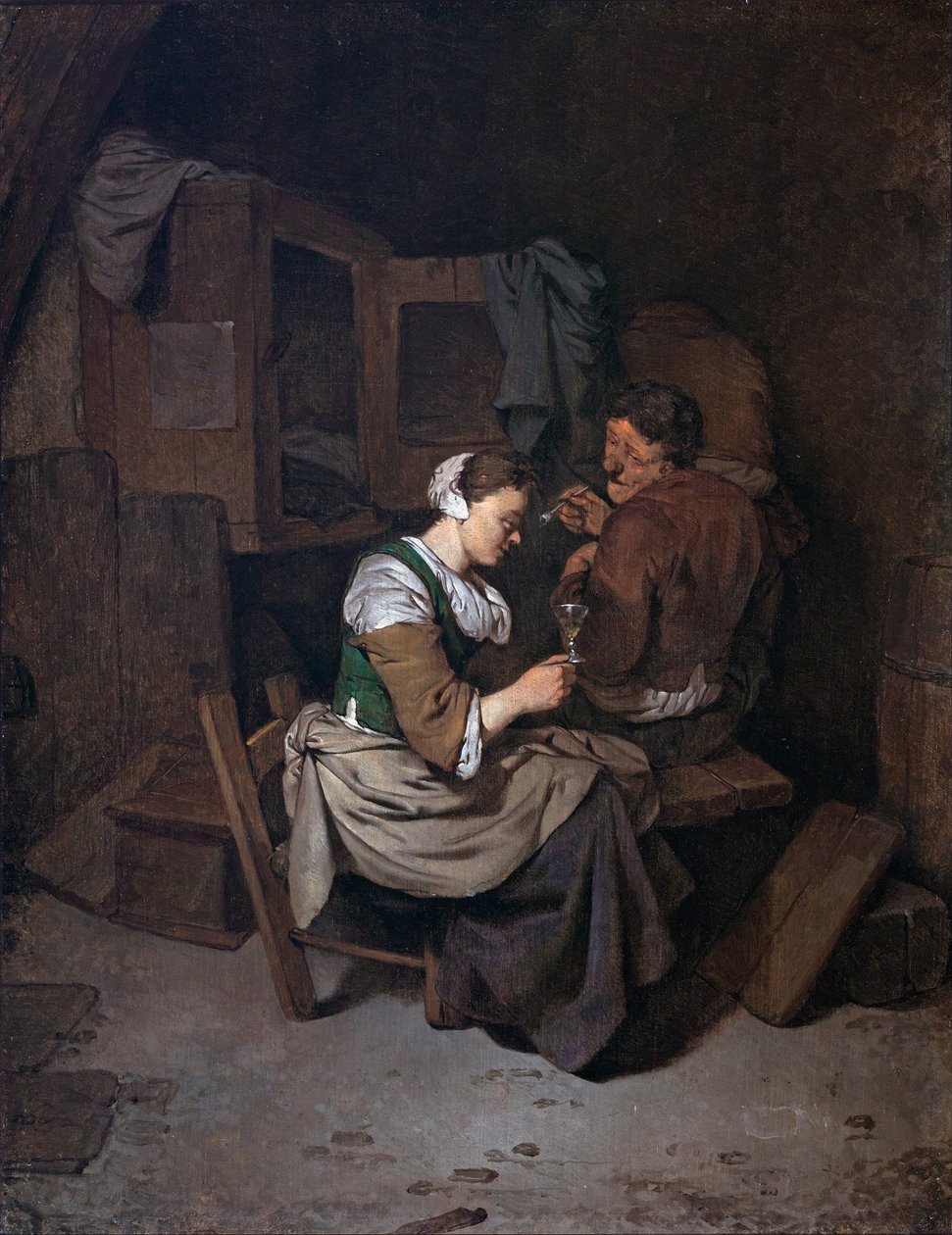 Nő borospohárral és két férfi paraszttal alkotó: Cornelis Pietersz Bega