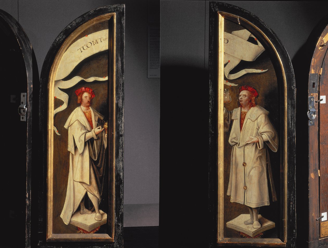 Naaman Triptichon megtisztítása: oldaltáblák, amelyek Kozma és Damian vértanúit ábrázolják, betegségek elleni védőket, 1520 (panel) alkotó: Cornelis Engebrechtsz