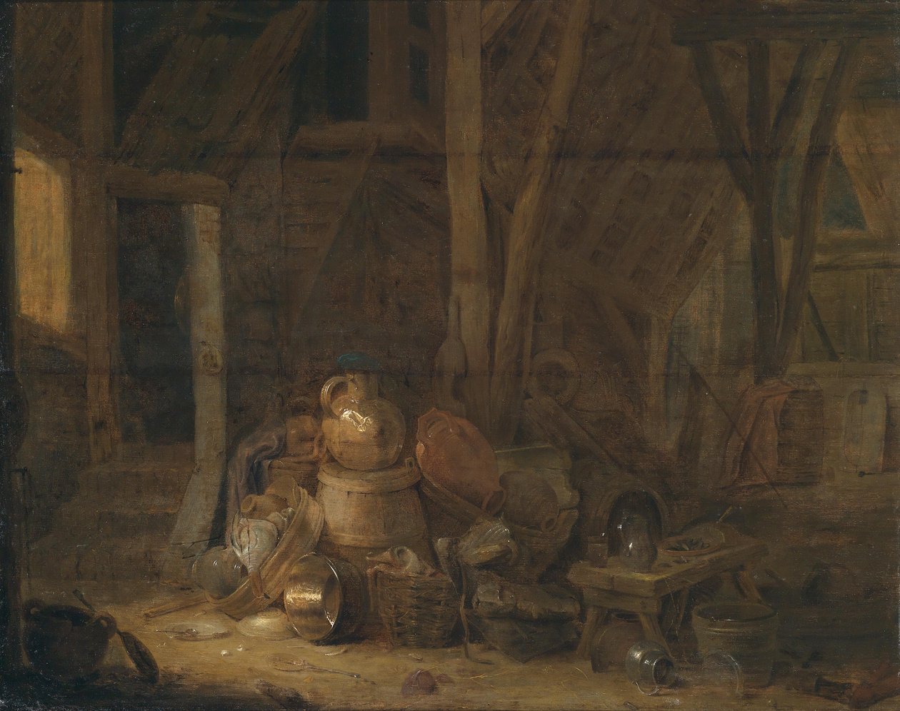 Pajta belseje, monogramos és keltezett balra középen alkotó: Cornelis Saftleven
