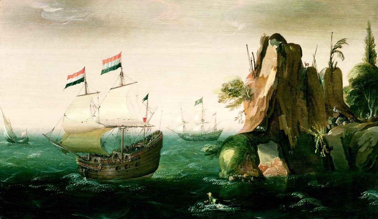 Egy holland kereskedőhajó egy sziklás parton alkotó: Pieter Cornelisz. Verbeeck