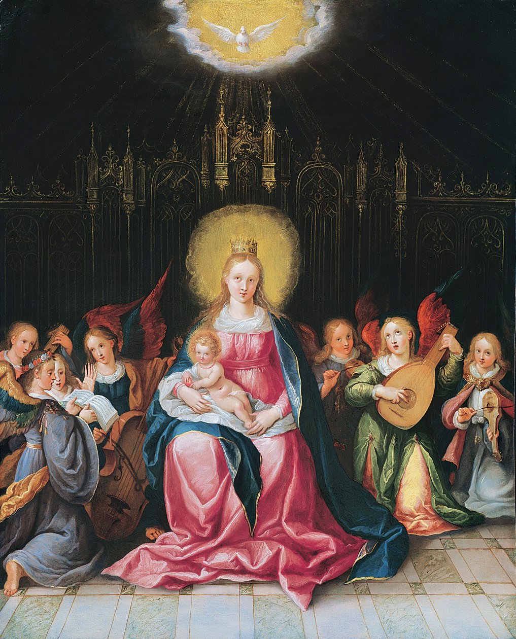 A Szűz és a Gyermek hét zenélő angyallal körülvéve (olaj, réz) alkotó: Cornelis de Baellieur