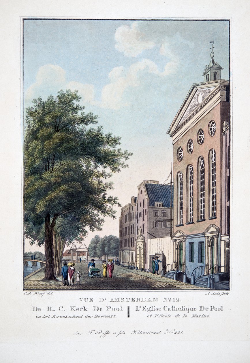 Amszterdam 12. sz. De R.C. Kerk De Pool és a Kweekschool der Zeeraart. De Pool katolikus templom és tengerészeti iskola, 1825 (kézzel színezett metszet) alkotó: Cornelis de Kruyff
