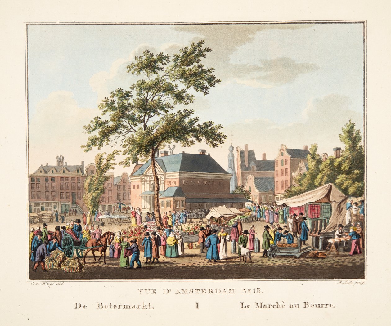 Amszterdam 15. sz. A Botermarktból. A vajpiac, 1825 (kézzel színezett metszet) alkotó: Cornelis de Kruyff