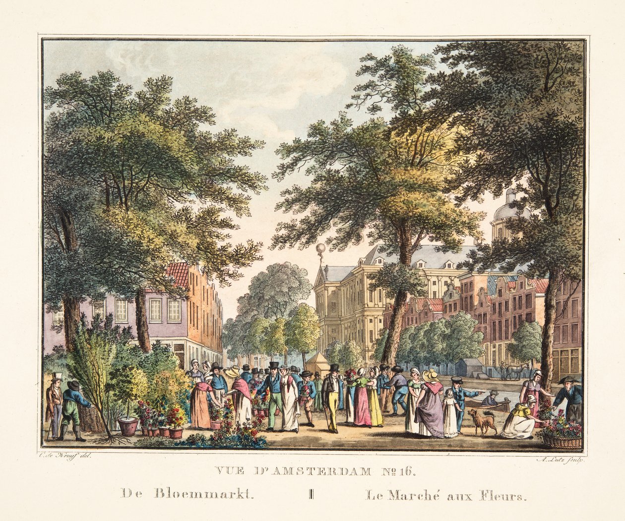 A 16. számú amszterdami kilátás. De Bloemmarkt. A virágpiac, 1825 (kézzel színezett metszet) alkotó: Cornelis de Kruyff