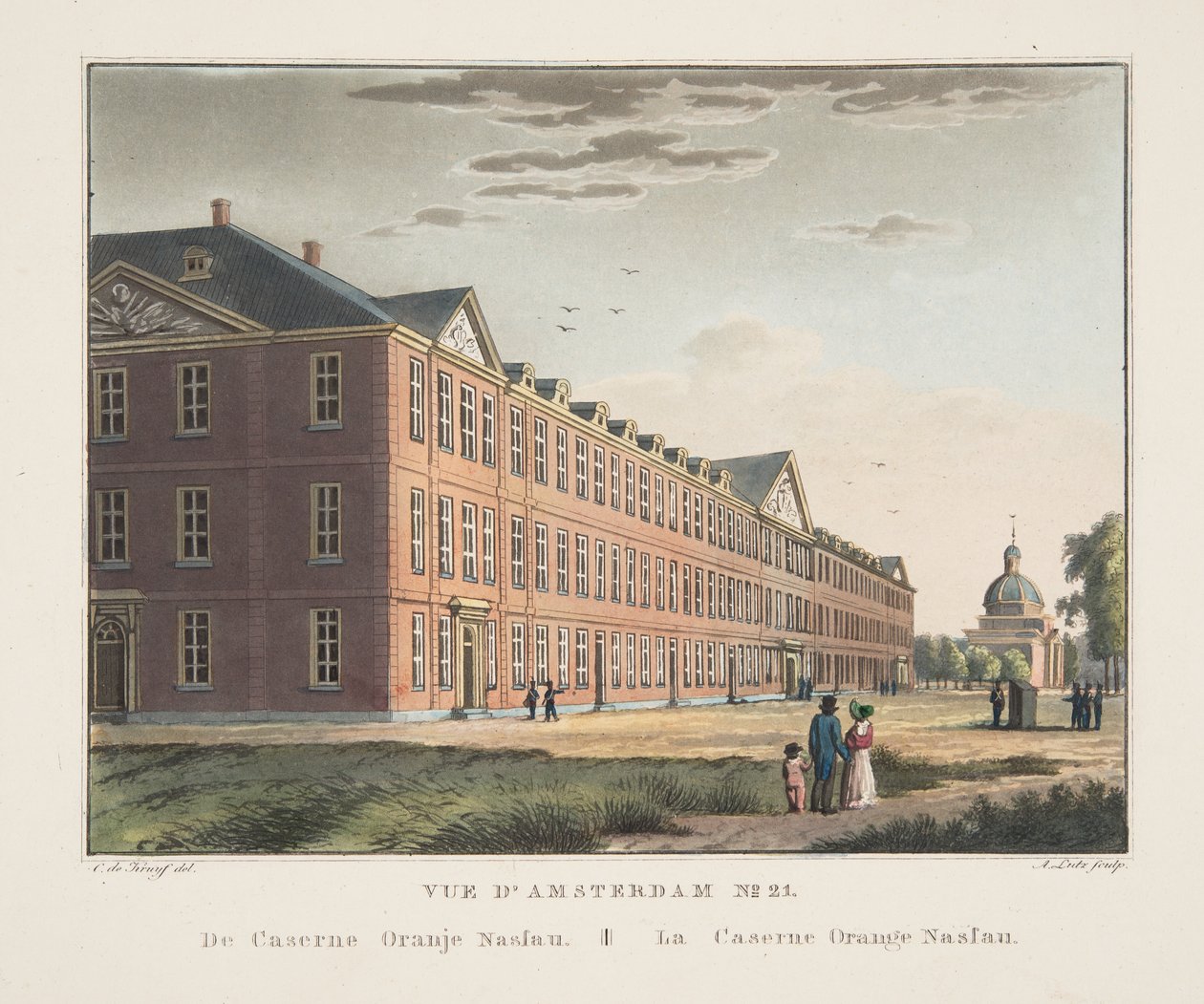 Amszterdam 21. sz. Oranje Nassau laktanyából. The Orange Nassau Barracks, 1825 (kézzel színezett metszet) alkotó: Cornelis de Kruyff