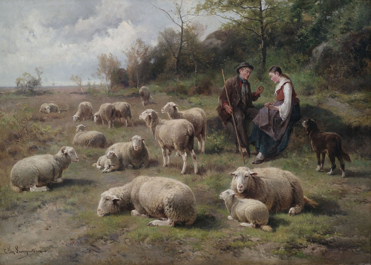 Pásztor pár csordával a legelőn alkotó: Cornelis van Leemputten