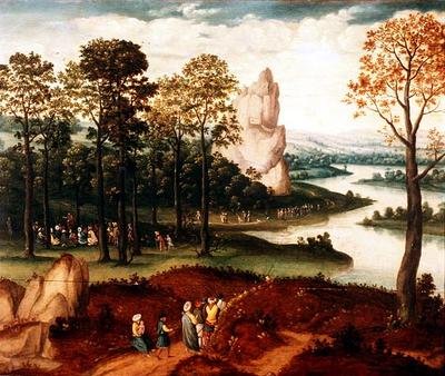 Kiterjedt erdős folyó táj Keresztelő Szent János prédikációjával alkotó: Cornelis (after) Massys