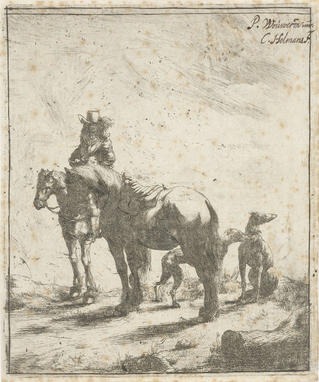 Lovas két lóval és két kutyával alkotó: Cornelis A. Hellemans