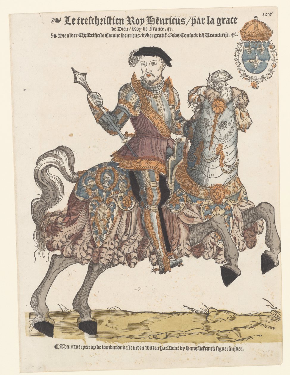 II. francia Henrik portréja páncélban lóháton, jobbra alkotó: Cornelis Anthonisz. (manner of)