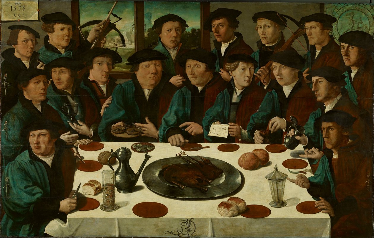 Holland:  De Braspenningsmaaltijd Az amszterdami nyilas polgárőrség tagjainak bankettje.

 Alternatív cím(ek):  
Hollandul:  Braspenningsmaaltijd Banquet of Squad D of the Crossbow Civic Guards, "The Braspenning Banquet". alkotó: Cornelis Anthonisz.