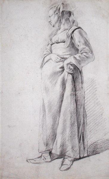 Egy álló parasztasszony (fekete kréta papíron) alkotó: Cornelis Pietersz Bega