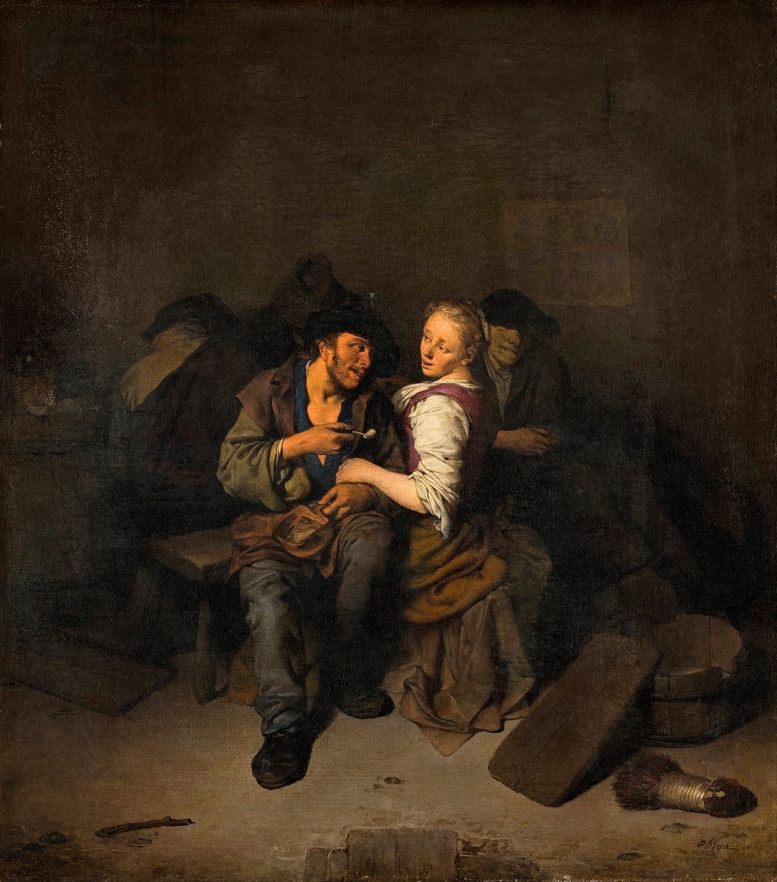 ""Fiatal pár a kocsmában"" (Fiatal pár a kocsmában) Cornelis Pietersz Bega festménye (1631/2-1664) - 1661 - Olaj, vászon Mérete 39x34,5 cm Hallwylska Museet, Stockholm alkotó: Cornelis Pietersz Bega