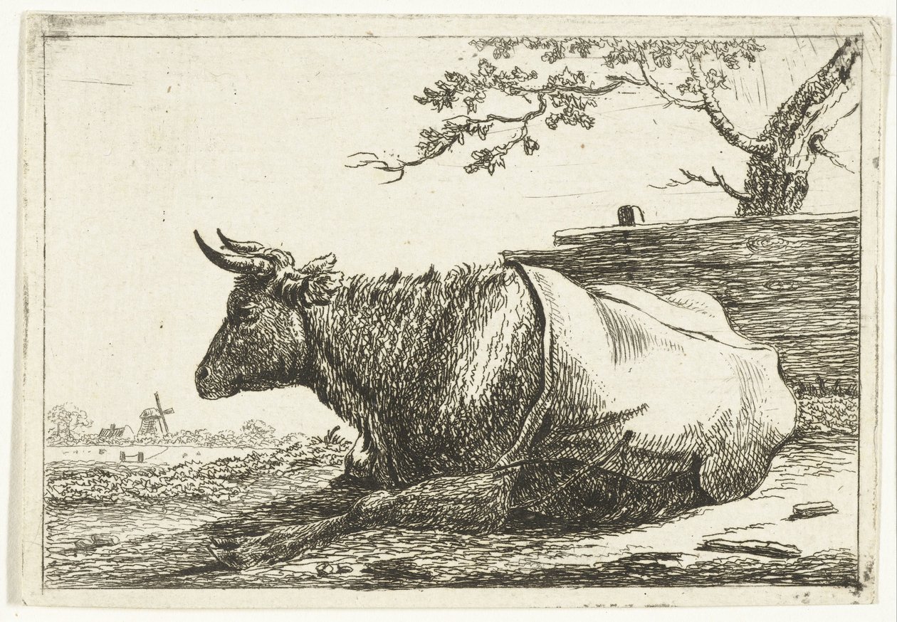 Táj fekvő tehénnel, hátlappal alkotó: Cornelis  Bisschop